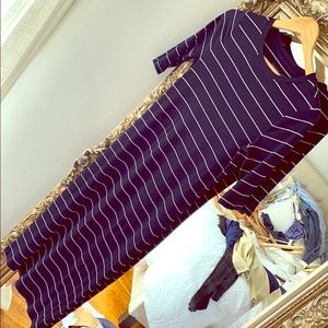 Knit navy stretch striped midi fitted dress